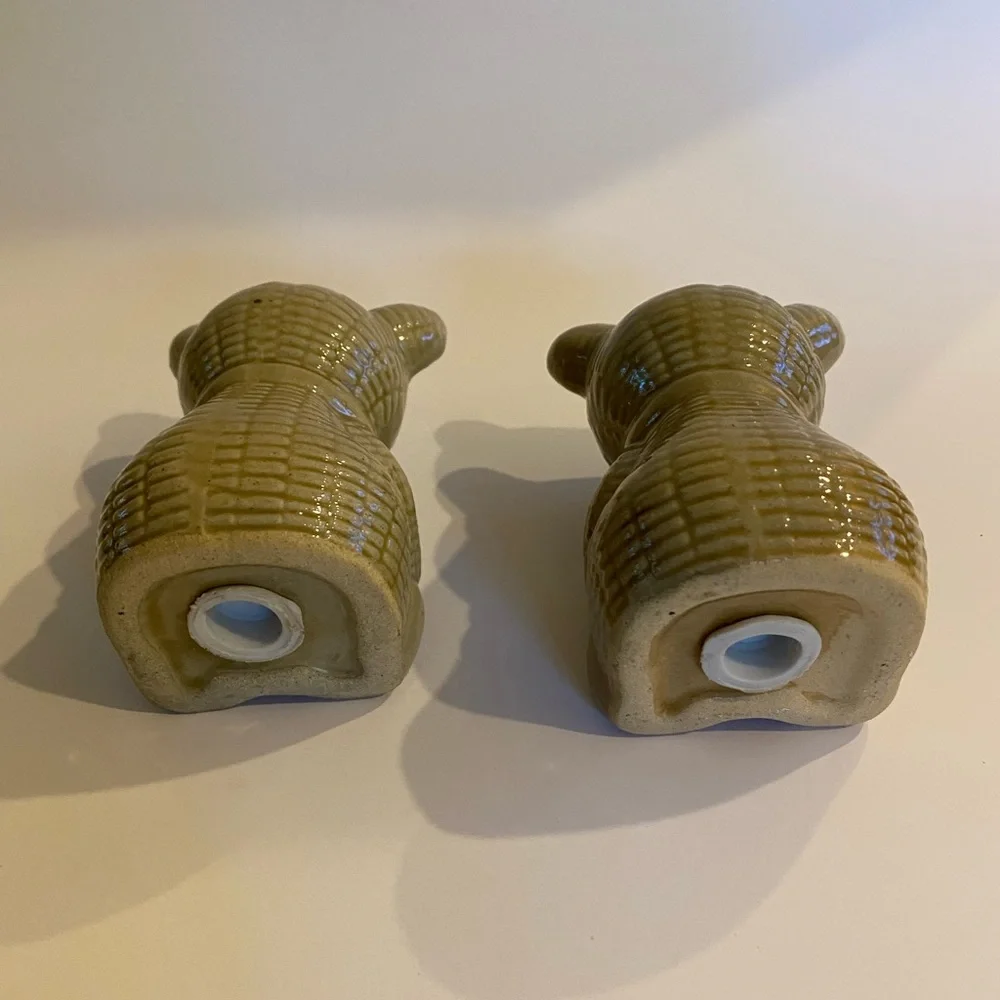 Vintage Ceramic Teddy Bear Salt Pepper Shakers Quilted Bears with Black Bow Ties